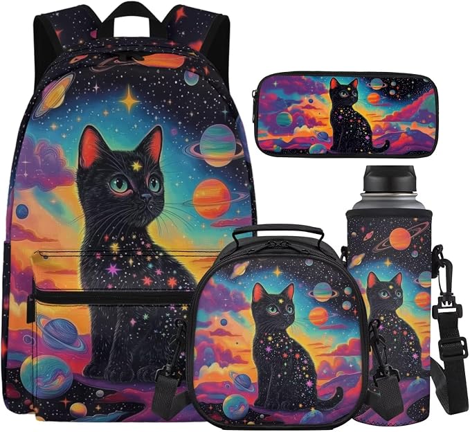 Girls Backpacks Ages 6-8 8-10 Black Cat Backpack Set for Girls, Cool Space 17" Bookbag Set with Lunch Box, Pencil Case & Bottle Holder, Lightweight Backpack for Teens Kids Travel Outdoor by Unknown