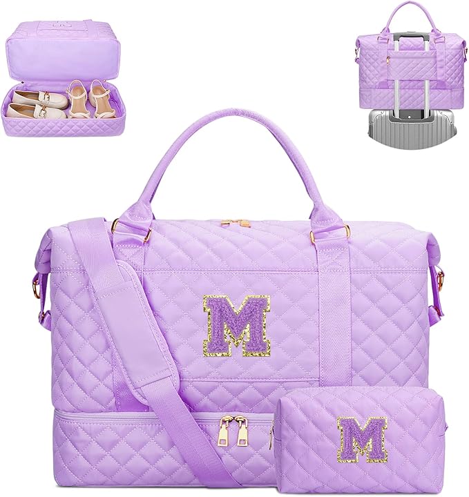 Gifts for Teenage Girl Initial Travel Duffle Bag Quilted Weekender Bags Carry-On Overnight with Cosmetic Bag, Gym Bag with Shoe Compartment Hospital Bag for Women Labor Delivery, Purple-M by Unknown