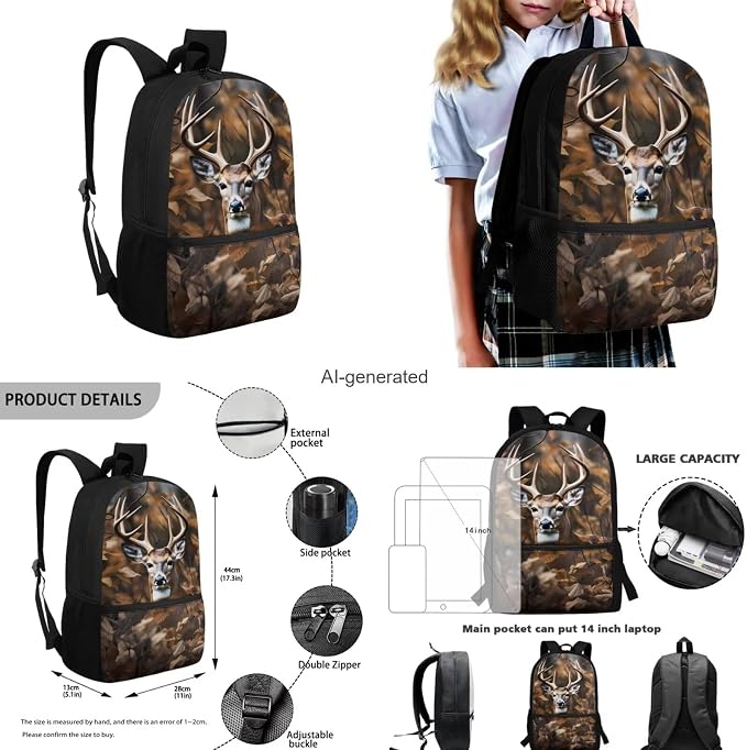 Deer Camo Backpack for Boys Kids Backpack with Lunch Box Water Bottle Bag and Soft Pencil Case 4PCS Set Bookbag with Front Pocket for School Teens 17 inch Sturdy School Bag with Side Pocket - Image 3