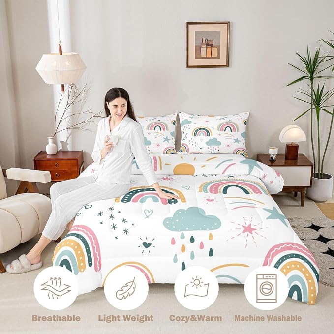 Erosebridal Rainbow King Bedding Sets for Girls, Sun and Stars Comforter Set Cartoon Style Cloud Quilt for Kids Boys Children Women Bedroom Decor, Hand Drawn Iridescent Duvet Insert - Image 3