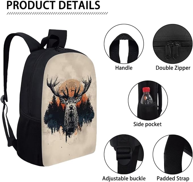 Vintage Deer Forest Print Durable Backpack Set for Boys and Girls, Large Lightweight Schoolbag Set with Lunch Bag Pen Bag, Suitable for Elementary and Middle School Students, Beige - Image 4