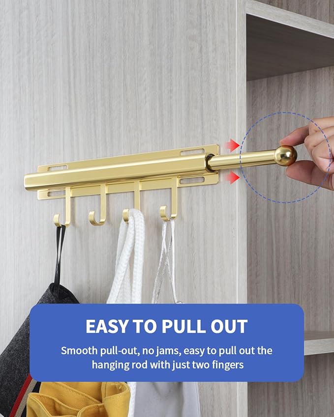 BaiNong Valet Rod for Closets Pull Out 12" Gold with 4 Hooks | Closet Valet Rod Slide Out for Closets, Laundry Rooms, RVs Space-Saving - Image 3