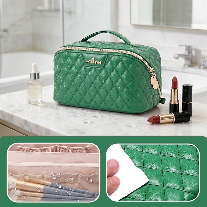 Travel Makeup Bags Cosmetic Organizer: 3Pcs Set Puffy Make up Bag for Women | ForestGreen Premium Quilted ELEGANCE Design | Large Capacity Leather Toiletry Bags | Wide Open Compact Case for Travel - Image 2