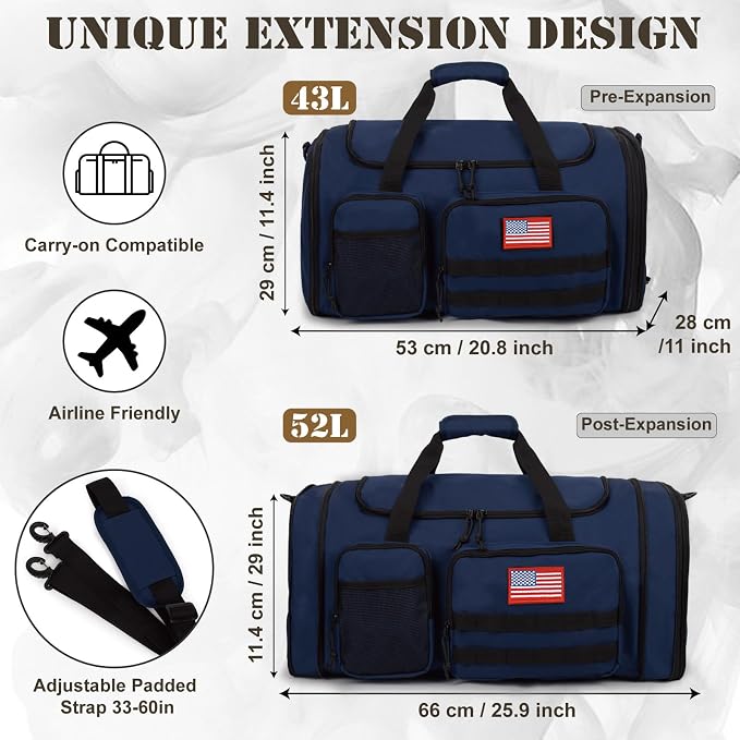 Tactical Duffle Bag For Travel Expandable 52L Large Duffle Bag For Men Gym Duffel With Wet Pocket Multi-Functional Carry On Bags Weekender Overnight Bag Organizer Duffel Bag For Travel - Image 4