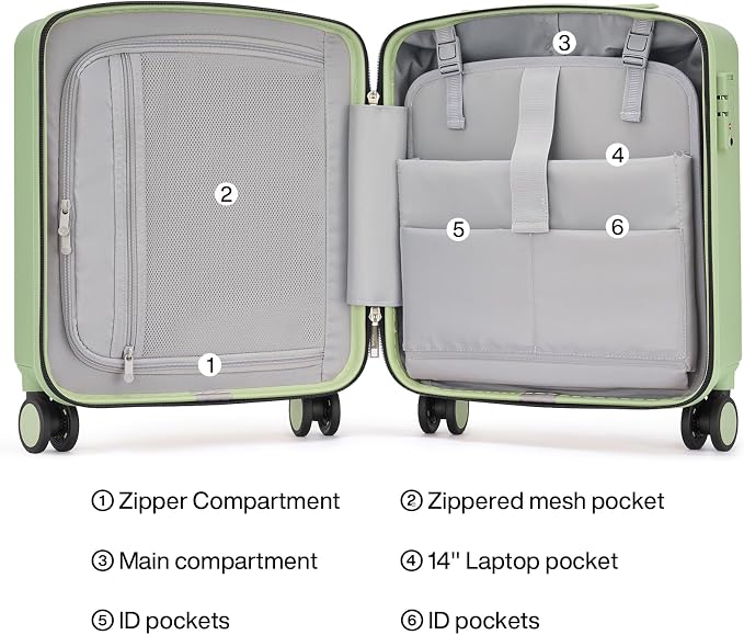 Hanke 16 Inch Underseat Carry On Luggage, Airline-Approved Hard Shell Small Suitcase with Spinner Wheels, Lightweight Tsa Lock Travel Luggage for Short Trips(Bamboo Green) - Image 6