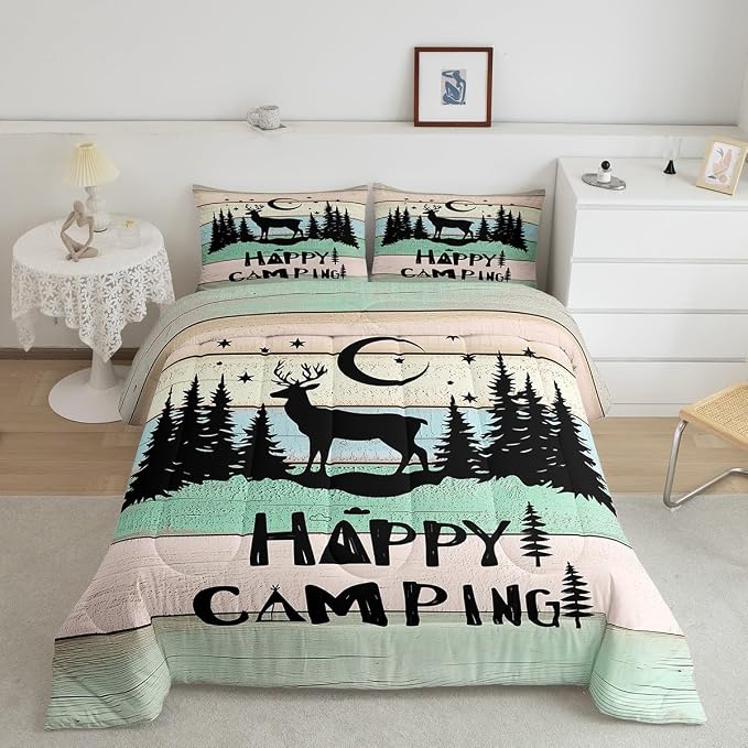 Camper Decor Quilt Bedding For Full Rustic Farmhouse Camping Comforter Set Woodland Animal Deer Rv accessories Bedding Sets Gifts For Teen Boys Girls Black Green Wooden Board Bunks Decor 2 Pillowcases - Image 2