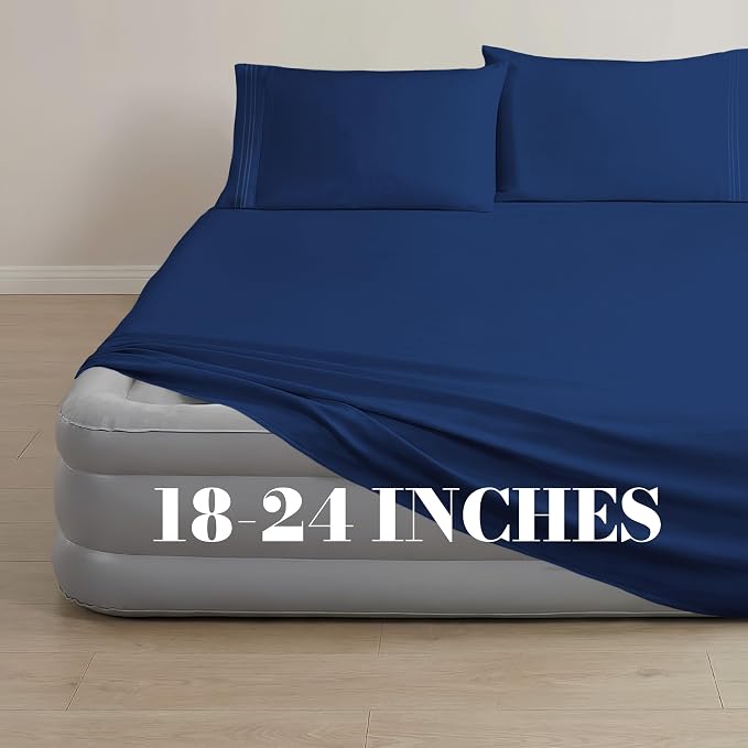 Mocassi 4-Piece Extra Deep Pocket 16-24 Inch Air Mattress Bed Sheet Set- 4PC Sheet Set with Smart Pockets Ideal for Air Beds, RVs, Camping and Guest Rooms Premium Hotel Quality, Queen, Navy Blue - Image 3