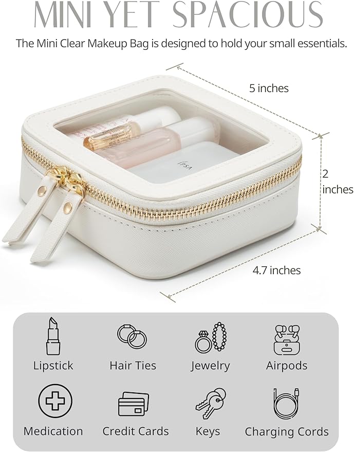 Small Cosmetic Bag for Purse Mini Makeup Bag for School Cute Clear Make Up Pouch for Travel Tiny Leather White Make Up Organizer Case for Backpack Toiletry Bag Waterproof Square Pouch with Zipper - Image 4