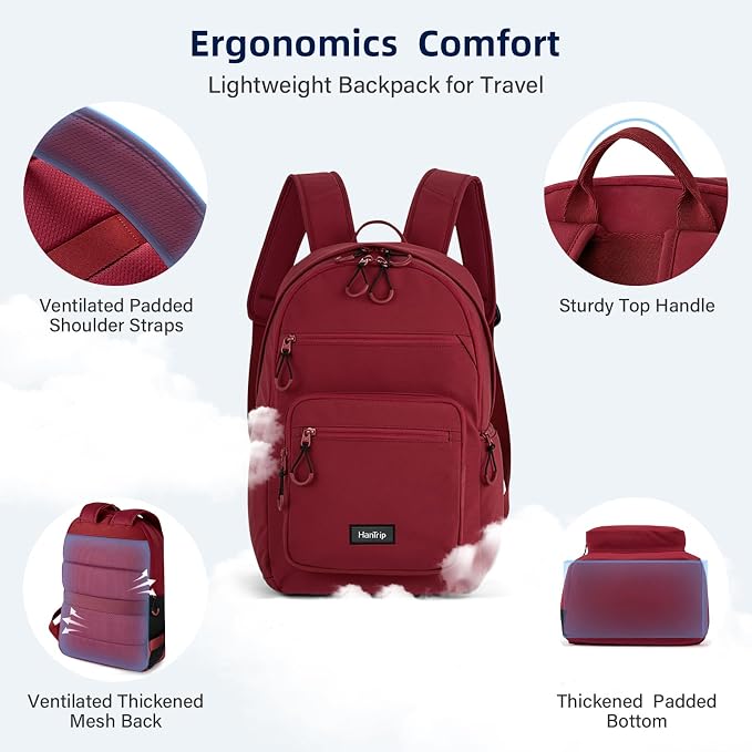 HanTrip Carry On Travel Backpack For Women, 18 Inch Water Resistant Large Backpack Lightweight Bookbag For Men, 8x14x18 Personal Item Bag Casual Daypack Backpacks For Work Office Commuter (Burgundy) - Image 5