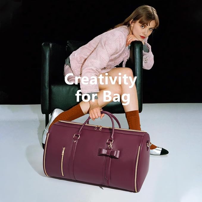 Garment Bags for Travel, Convertible Suit Travel Bag for Women, Cute Carry On Garment Bag w/Shoes Pouch, 2 in 1 Foldable PU Leather Hanging Duffle Bag, Single-Zipper Design, Sangria - Image 8