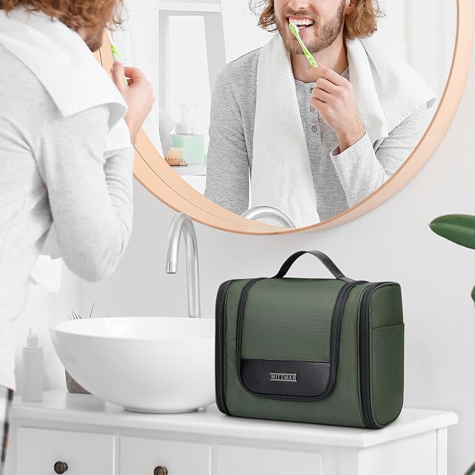 WITZMAN Toiletry Bag for Men Nylon Hanging Water-resistant Shaving Dopp Kit | With Dry-wet Separation Pocket, Multi-pockets for Organized Storage, Lightweight, For Travel, Bathroom, B690 Army Green - Image 3