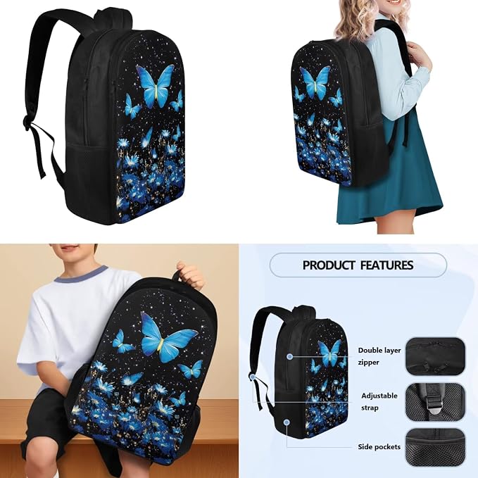Kids Blue Butterfly School Backpack for Girls Bookbags with Lunch Bag Pencil Pouch & Water Bottle Organizer Set of 4, Hiking Bookbag Lightweight Book Bags Rucksack for Travel - Image 3