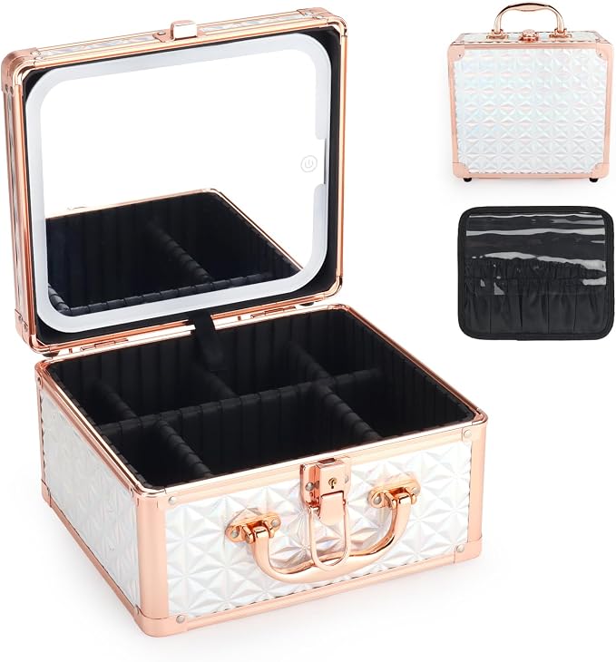 Makeup Case with LED Mirror, Portable Lockable Vanity Case, Travel Makeup Train Box for Women, Cosmetic Organizer, Detachable 3-Color Lighted Mirror, Adjustable Dividers, Brush Holder by Unknown