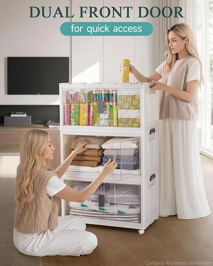 OlarHike 97QT Stackable Storage Bins with Lids - Folding Storage Box with Doors & Wheels, Collapsible Plastic Drawers for Closets and Organization, Garage, College, School, Shelves, Dorm, 5 Pack Cubes - Image 7