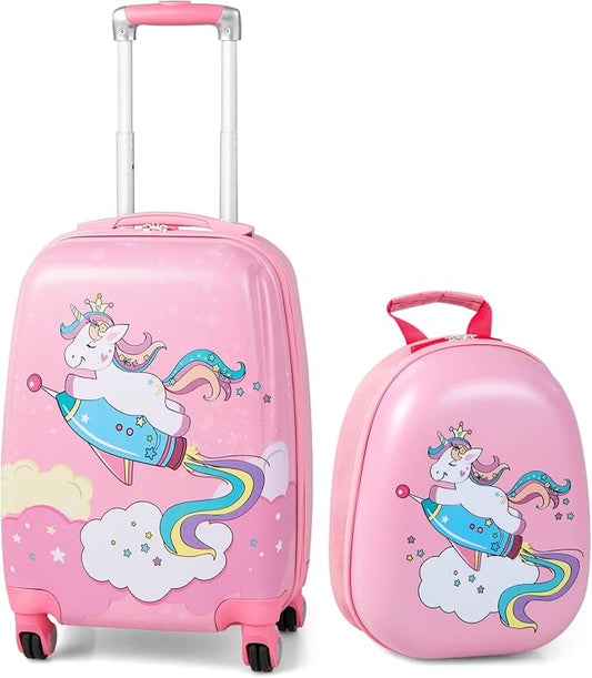 HONEY JOY Kids Luggage, 12" Toddler Backpack & 18" Travel Suitcase with Wheels, Lightweight Toddler Girls Suitcase, Durable ABS Hardshell, 2Pcs Carry On Luggage Set for Boys Girls by HONEYJOY