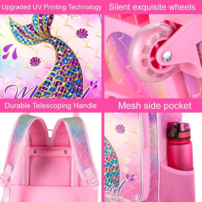 HPJGD 3PCS Mermaid Rolling Backpack for Girls, Kids School Backpacks with Wheels, Water Resistant UV Printed Roller Wheeled Bookbag Set with Lunch Box - Image 5