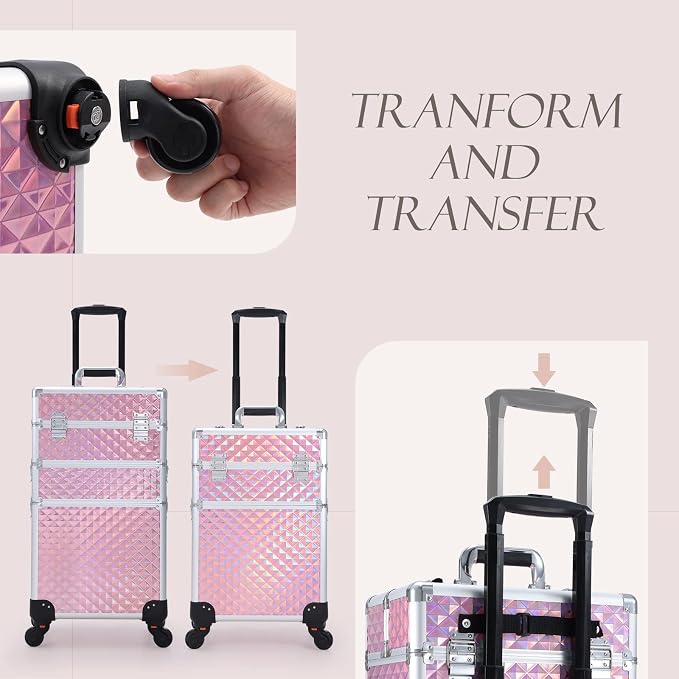 3 in 1 Professional Rolling Makeup Train Case Aluminum Trolley Case with 360° Rotation Wheels for Makuep Artist Cosmetic Suitcase Organizer with Lock and Key Diamond Pattern - Pink - Image 6