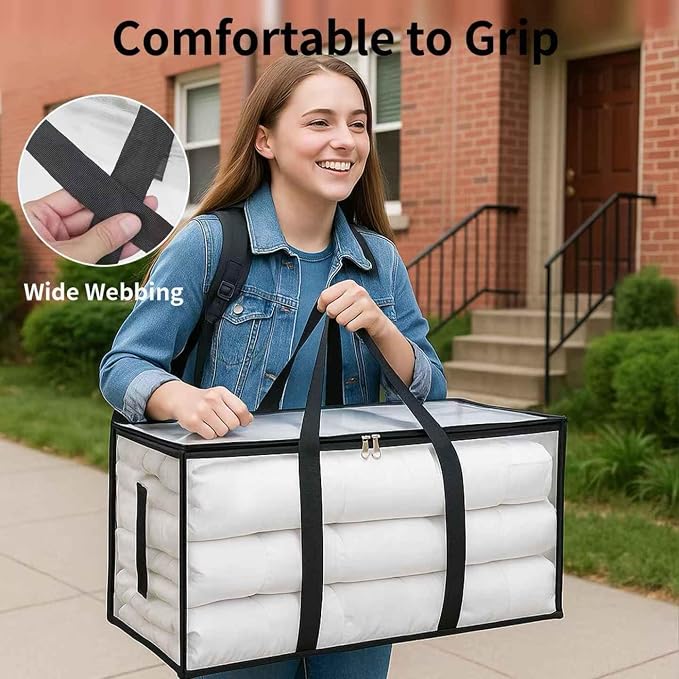4 Pack-Extra Large Heavy Duty Moving Bags - Waterproof Storage Totes with Handles & Zippers, Foldable for College Dorm, Storage (Clear) - Image 5