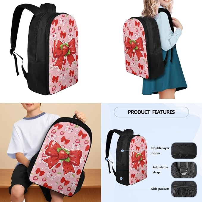 Girls Strawberry Bow Backpack Set of Water Bottle Sleeve Lunch Box Pencil Case for School, School Backpack Kids Student Bookbag, Back to School Gifts for Girl - Image 3