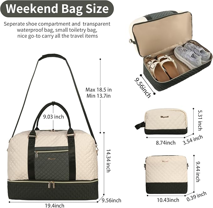 Wogarl 3PCS Weekender Bags for Women Large Overnight Bag Weekend Travel Duffel Bag Carry on Shoulder with Shoe Compartment Canvas Toiletry Bag for Travel Business Gym,Black Beige Green - Image 3