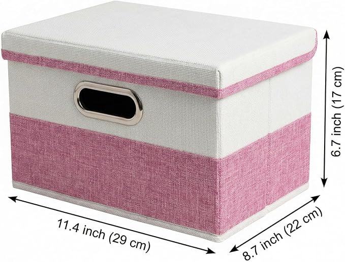 PRANDOM Storage Bins with Lids [3-Pack] Linen Fabric Foldable Storage Boxes Organizer Containers Baskets Cube with Cover for Bedroom Closet Office Pink&White（11.4X8.6X6.7 - Image 2