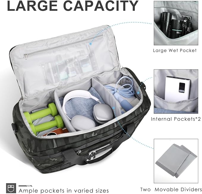 Travel Bag for Men Women, Gym Bag & Tactical Duffle Bags for Travel, Carry on with Toiletry Bag and Shoe Compartment, Weekender Overnight Trip with Wet Pocket for Workout Medical, Black Camo - Image 2