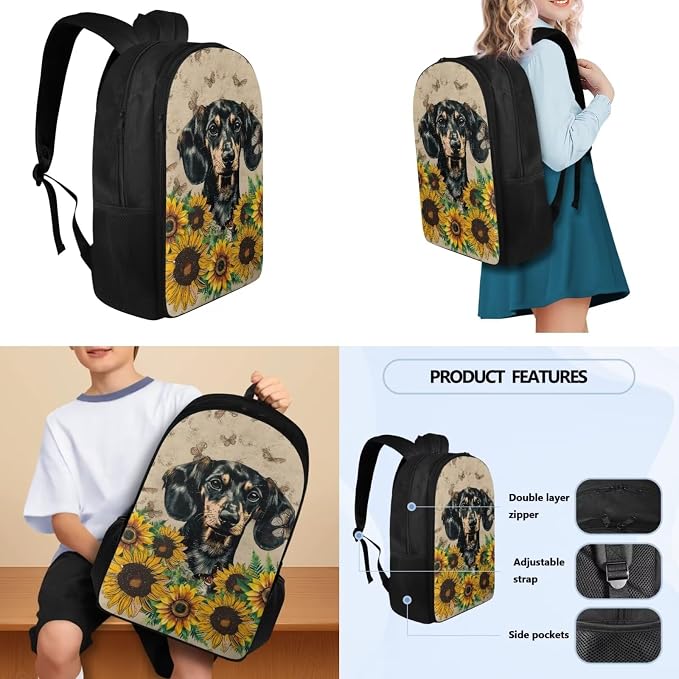 4 pcs Kids Backpack Set, School Supplies Include School Bags Book Bag with Insulated Lunch Bag Kit Pen Bags Water Bottle Sleeve Set for Kids Teens Boys Girls, Dachshund Sunflower - Image 3
