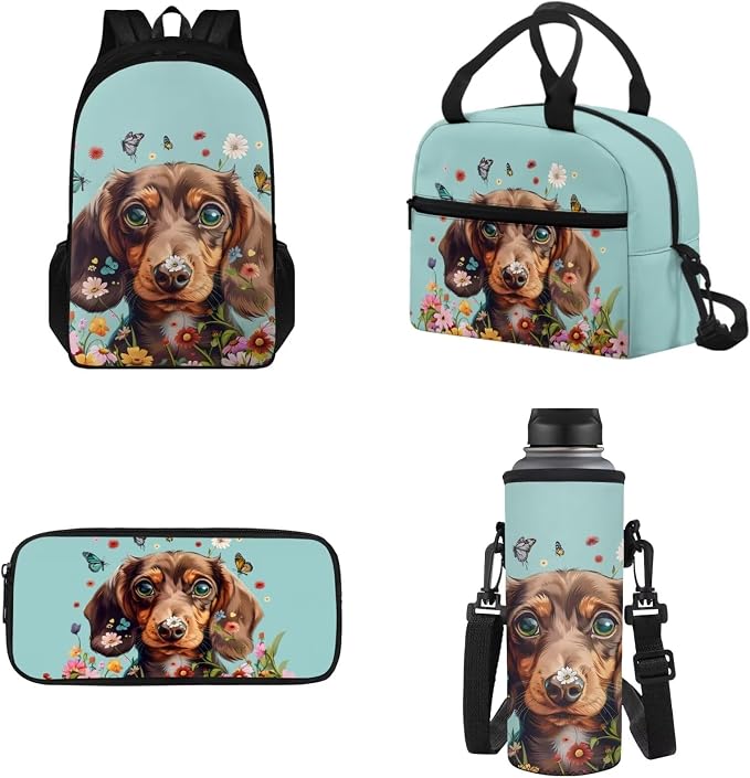 4 Pcs Backpack Set for Girls, Large Double Zipper School Bag Book Bag with Leakproof Lunch Box Pencil Bag Water Bottle Carrier for School and Daycare, Dachshund Colorful Floral by Tomeusey