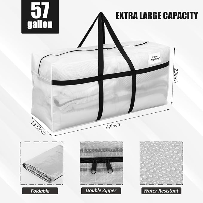 Windyun 4 Pack 57 Gallon Extra Large Moving Bags XXL Heavy Duty Storage Bag with Strong Zipper Handle Jumbo Big Tote Box Foldable for College Dorm Travel Clothes Duffle Blanket Pillow(Transparent) - Image 3