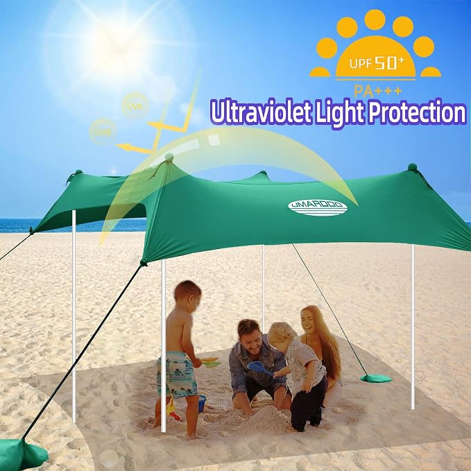 UMARDOO Family Beach Tent Canopy Sun Shade Portable, Large Compact Beach Sun Shelter Easy Setup with Packable Bag for Outdoor Travel (Green, 10X10 FT. 4Poles) - Image 3