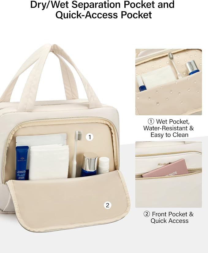 Hanke Hanging Travel Toiletry Bag for Women, Water-Resistant Makeup Organizer with Hook, Cosmetic Bag for Bathroom & Travel Essentials Accessories, Off White - Image 2