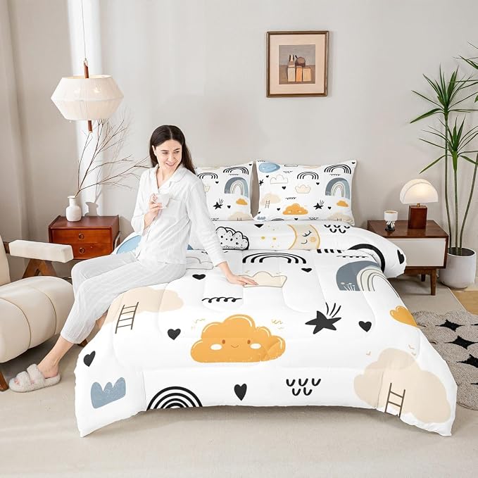 Erosebridal Cartoon Rainbow Comforter Set, Kids Kawaii Cartoon Sun Cloud Duvet Insert King, Love Heart Quilt for Boys Girls Children Teens, Hand Drawn Rainbow Bedding Set Soft Microfiber Comforter - Image 2