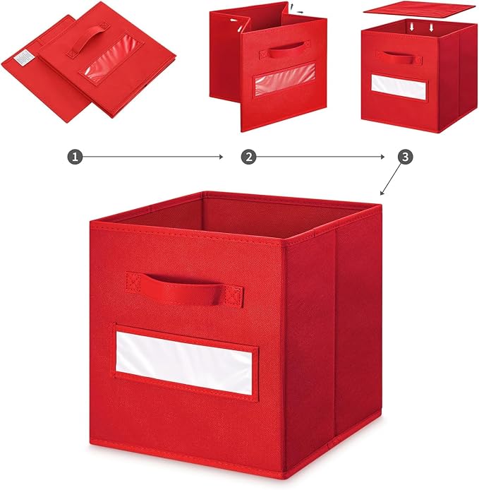 Fabric storage cubes (Set of 8) 11 Inch Cube Storage Bin, Cube storage with 8 Labels Window Cards & a Pen, Foldable cube organizer bins,11x11 Storage bin, Cubby Organizer Boxes, Red - Image 4