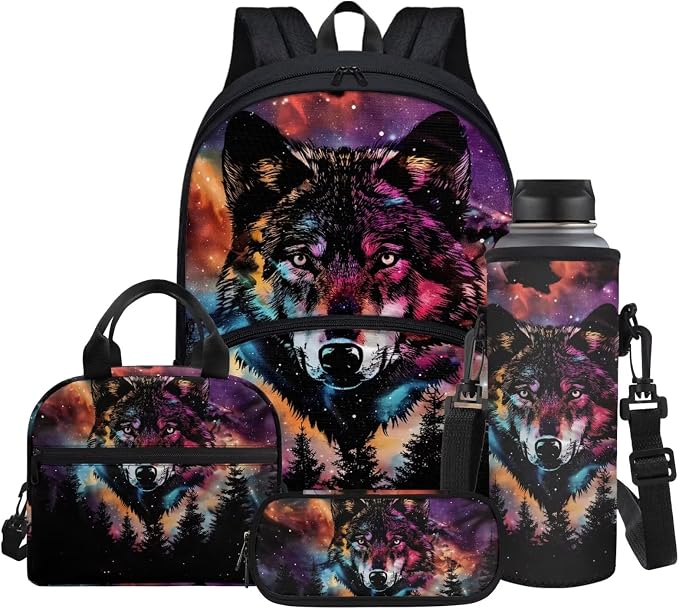 Starry Sky Wolf Backpack for Boys Girls Back to School Shoulder Bookbags Set, Insulated Thermal Lunch Totes,Pencil Holder,Cooler Water Bottle Sleeve 4 in 1 by Glomenade