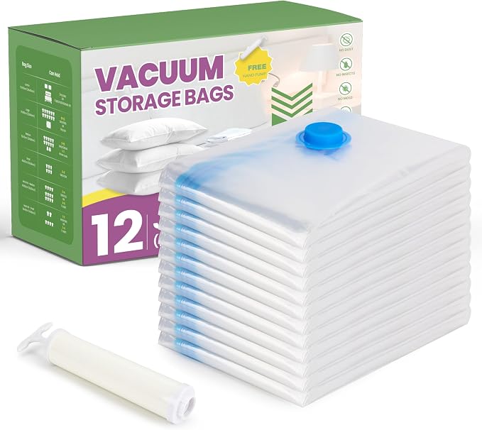 Space Bags Vacuum Storage Bags (Jumbo 12 Pack) Save 80% Space - Vacuum Bags for Comforters and Blankets, Bedding, Compression Seal for Closet Storage - Pump for Travel by InfiniPower