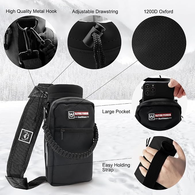NATURE PIONEOR 24 oz Insulated Water Bottle with Carrier Bag & 3 Lids | 18/8 Food-grade Stainless Steel, Double Vacuum Insulation, 3 Leak-proof Lids, Strap, Camping, Hiking, Gym, Work - Image 4