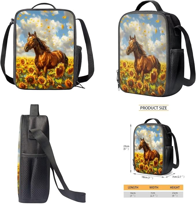 Sunflower Horse Print School Set Fashion Backpacks Lunch Bag Pencil Case Boys Girls 17 Inch Travel Laptop Bag Lightweight Rucksack Casual Daypack for Hiking Camping - Image 4