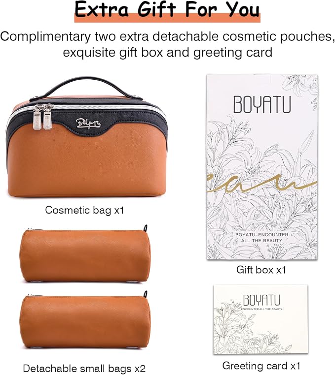 BOYATU Travel Makeup Bag Organizer Cosmetic Bag: 3 Pcs Set Make up Bags for Women with Handle - Waterproof Vegan Leather Toiletry Bags Travel Essentials Pouch with Compartments (A-07-Orange) - Image 6