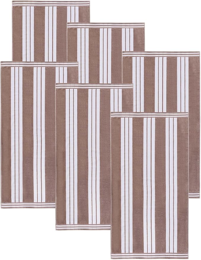 Superior Oversized Cotton Beach Towel Set of 6, Absorbent Towels for Bathroom, Beach, Pool, Swim, Adults, Kids, Vacation, Travel, Bath Sheet, Quick Dry Basics, Trip Essentials, Striped Decor, Taupe - Image 2