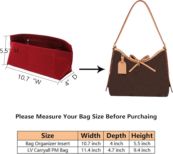 Doxo Purse Organizer Insert for Handbags, Felt Bag Organizer for Tote, Fit LV Carryall PM and More.(PM-Wine Red-Felt) - Image 2