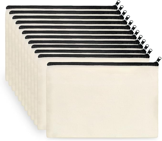 Koolmox 12 Canvas Pencil Pouch, Cotton Canvas Toiletry Pouch, Bulk Plain Cosmetic Bags for Women Pencil Case Vinyl Projects Crafts, 8x5'' Beige Pouch with Black Zippers by Koolmox