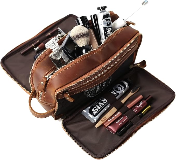 Personalized Leather Toiletry Bag for Men Travel Shaving Dopp Kit-Large Cosmetic Bags Toiletries Bathroom Organizer - Image 4