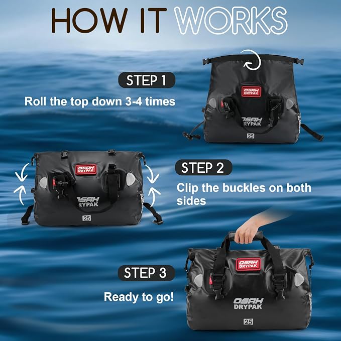 OSAH DRYPAK Waterproof Duffel Bag - Motorcycle Dry Bag Tail Bag with Large Storage Space, Waterproof Luggage Duffle Bags with Outer Mesh Zipper Pocket for Camping, Kayaking, Fishing & Traveling - Image 5