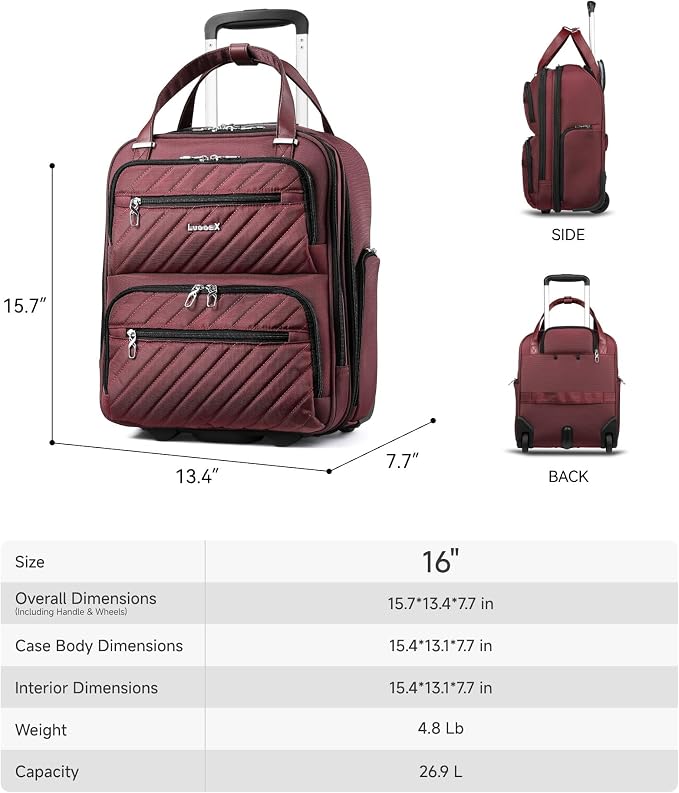 LUGGEX Underseat Carry On Luggage with Wheels, UDK Stylish Lightweight Under Seat Luggage, Soft Sided Personal Item Suitcase for Short Trip (UX-Core, Dark Scarlet, 16 Inch) - Image 8