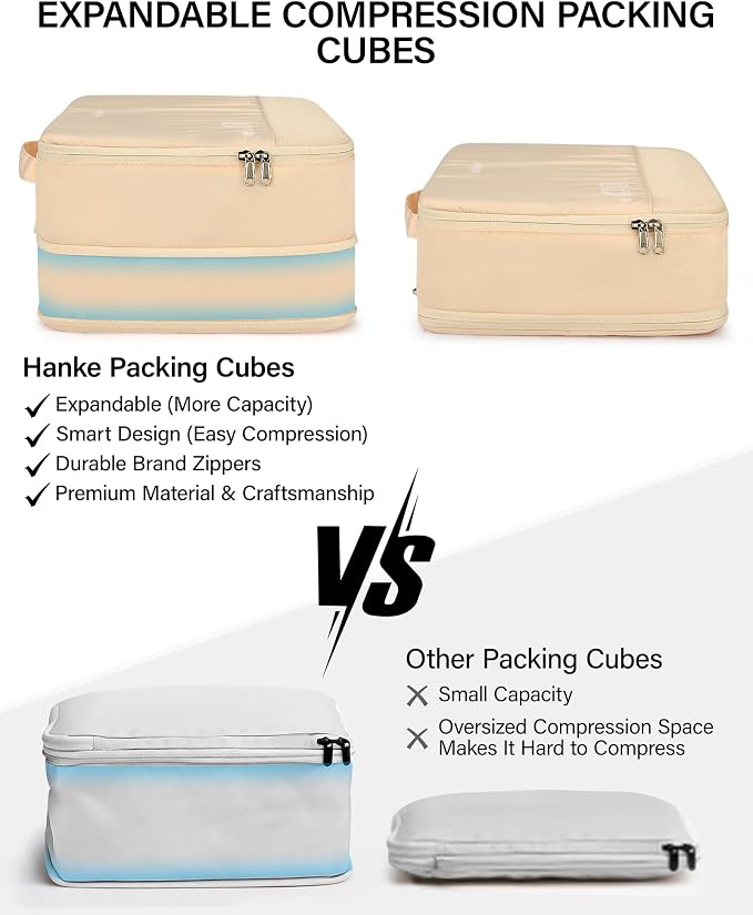 Hanke 7 Piece Expandable Compression Packing Cubes, Premium Travel Packing Organizers for Suitcases/Carry On, Luggage Organizer Bags with Breathable Mesh & Label,Off White - Image 2