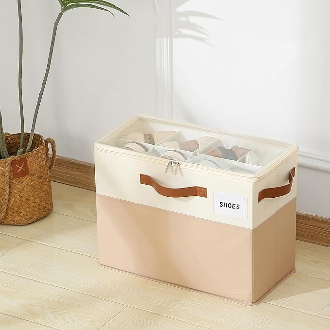 Varhomax Shoe Organizer Box for Closet, Small Fabric Shoe Storage Bin with Adjustable Dividers & Clear Cover, Saving Space Sneakers & Sandals Containers for Entryway, Cubby - Image 7