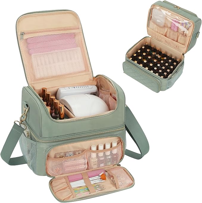 CUBETASTIC Nail Polish Organizer & Storage Bag for 48 Bottles & Full-Size Lamp, Double-Layer Travel Case Box for Nail Supplies, Manicure Kit & Pedicure Tools (Green, 48 Slots) by CUBETASTIC