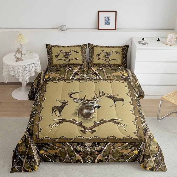 Erosebridal Vintage Deer Comforter Set Full Size Jungle Trees Bedding Set for Teens Youth Western Antler Quilt Farmhouse Animal Patchwork Down Comforter with 2 Pillow Shams Lightweight - Image 2