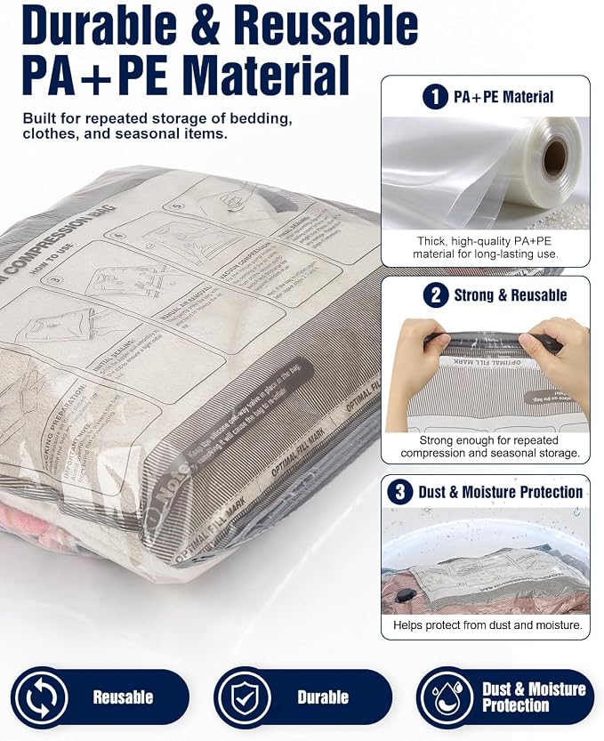 Fantictas Vacuum Storage Bags, 10 Small Space Saver Bags with Hand Pump 80% Space Saver Vacuum Seal Bags Vacuum Seal Compression Bags for Clothes, Travel Luggage, Closet, Dorm, Moving - Image 7