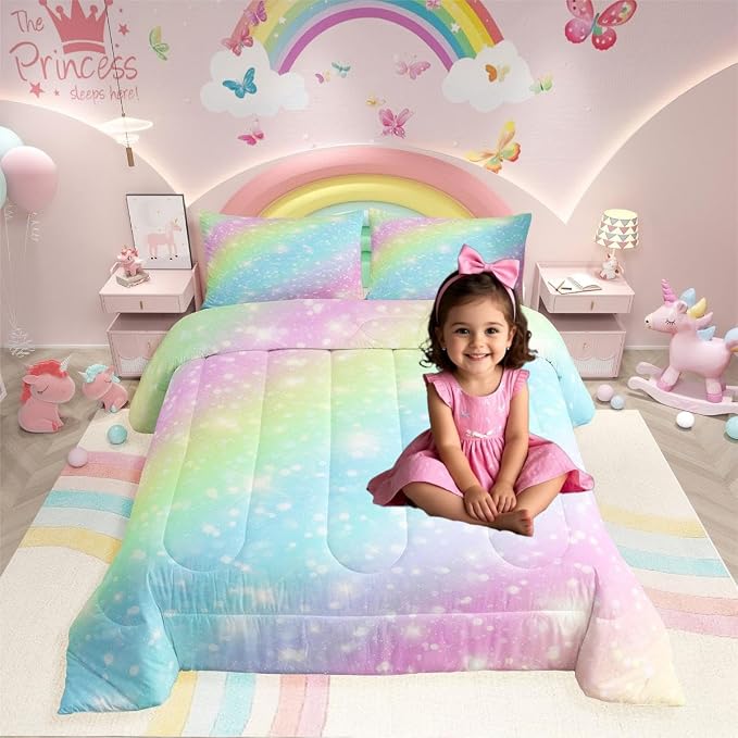 Erosebridal Rainbow Bedding Set for Kids Girls Teens Women Tie Dye Pastel Comforter Set Full Size Golden Stars Glitter Bedding Comforter Set Watercolor Art Girly Quilt Set Sweet Bedroom Decor 3 Piece - Image 3